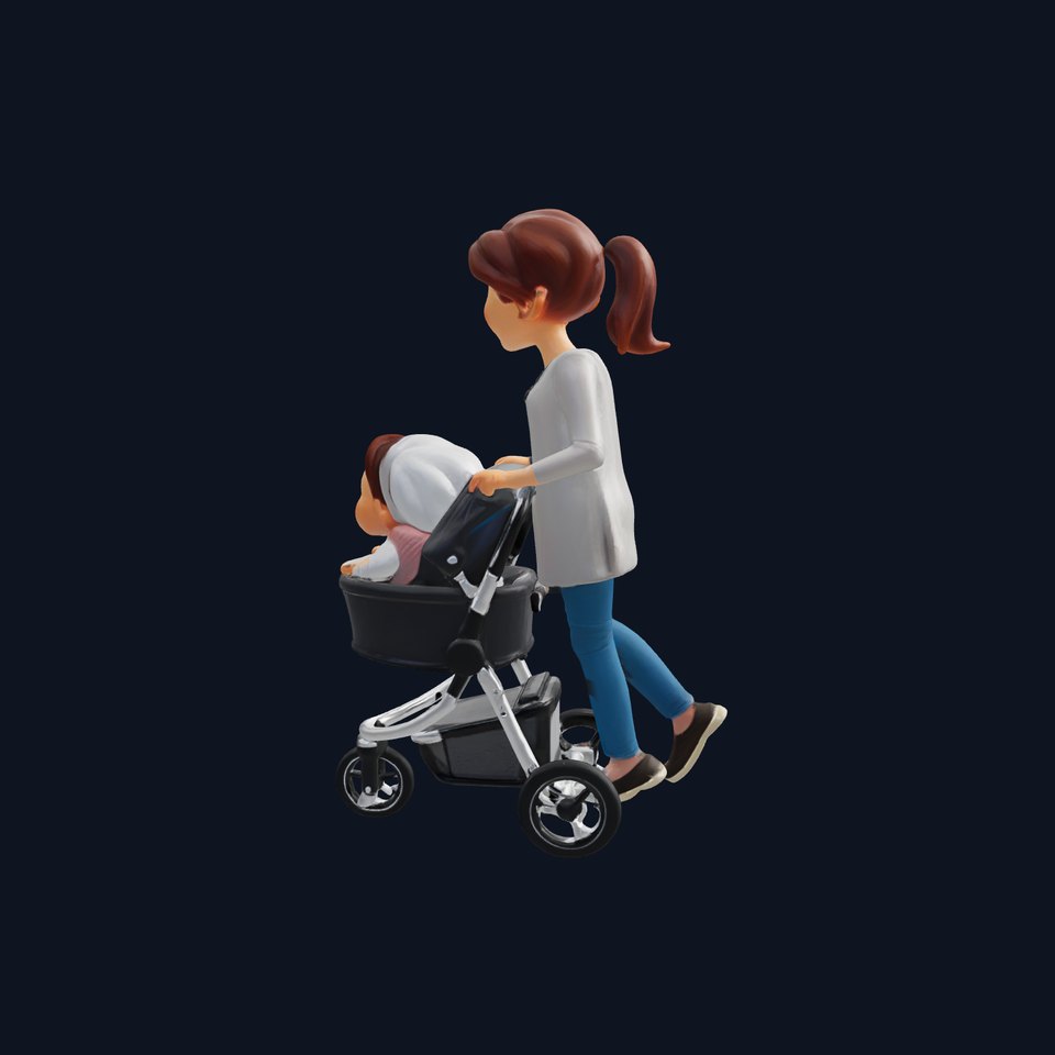 Cartoon Mother and Child with Stroller model pack